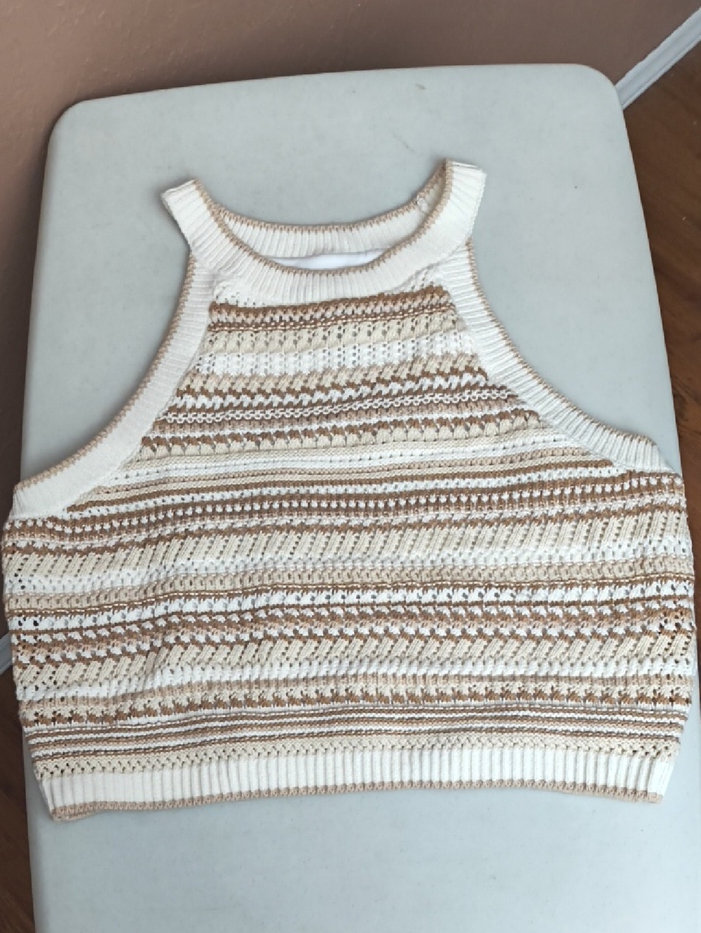 NWT Rachel Zoe Cream and Tan Striped Halter Knit Crop Top Size XL